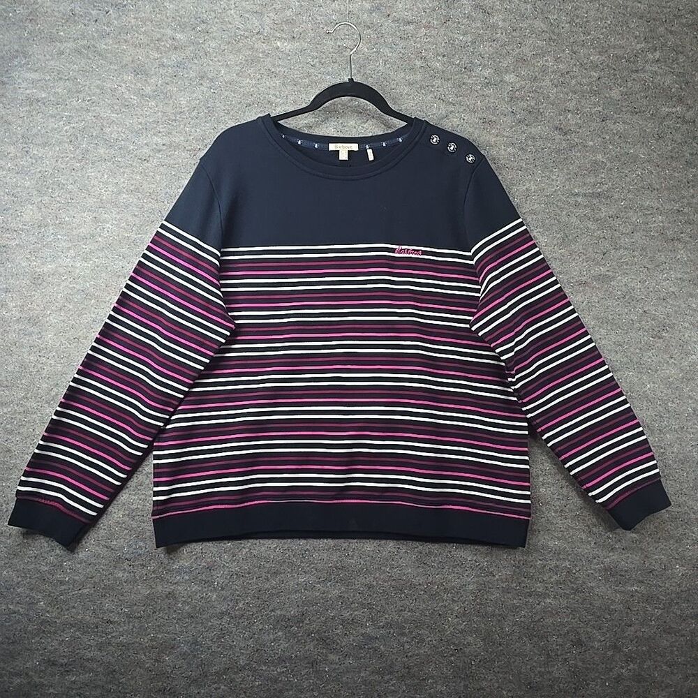 Barbour Bradley Top Womens US 12 Navy White Striped Shirt Cotton Shoulder Button